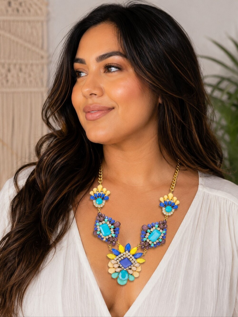 Statement Bib Necklace Gold Tone Blue Purple Yellow Rhinestone Floral 20"